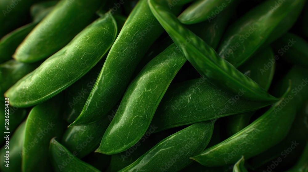 Close-up of fresh green snap peas arranged in a natural setting, highlighting their texture and color Close-up of fresh green snap peas arranged in a natural setting, highlighting their texture and color