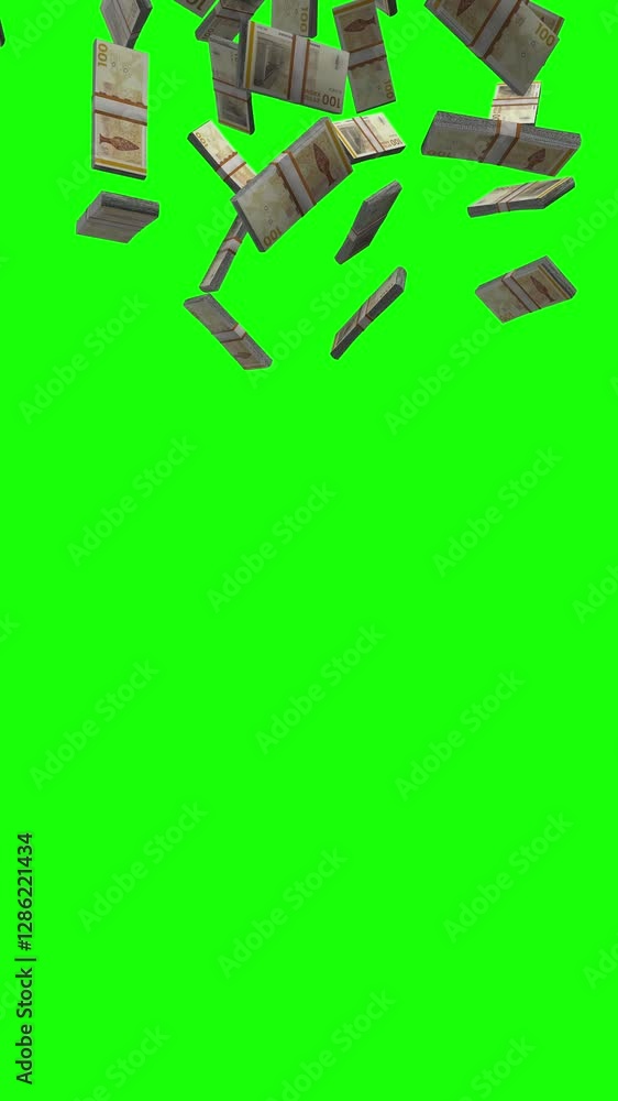 Vertical 100 Danish Krone Falling Animation Stacks Of Money on Green Screen Vertical 100 Danish Krone Falling Animation Stacks Of Money on Green Screen