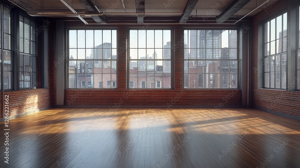 An empty loft space with exposed brick and large windows An empty loft space with exposed brick and large windows