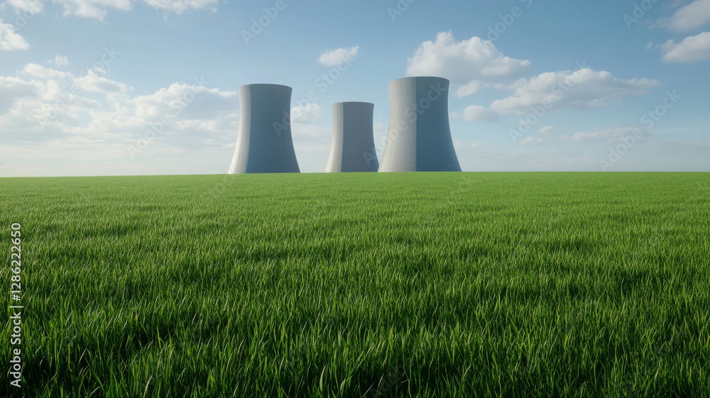 nuclear power plant situated amidst vast field of green grass under clear blue sky, showcasing modern cooling towers and serene landscape
