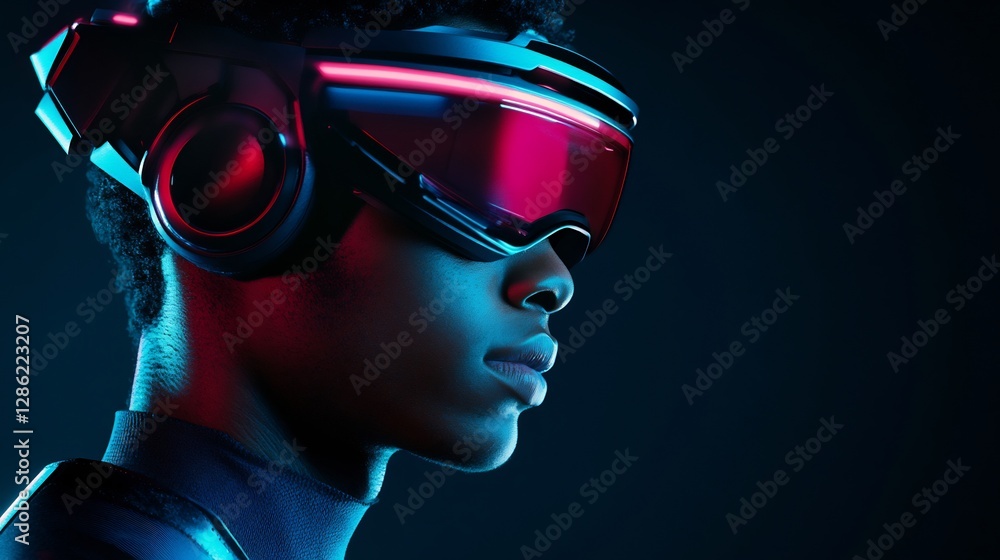 Profile view of a person wearing futuristic VR goggles, bathed in vibrant neon light. Profile view of a person wearing futuristic VR goggles, bathed in vibrant neon light.