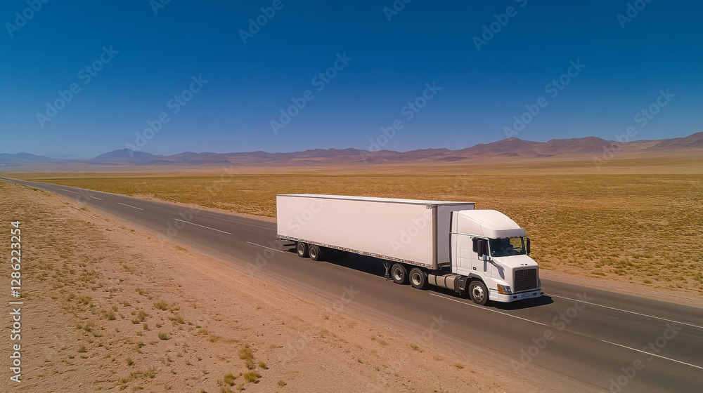refrigerated truck driving on deserted highway in vast landscape, showcasing open road and mountains in background refrigerated truck driving on deserted highway in vast landscape, showcasing open road and mountains in background