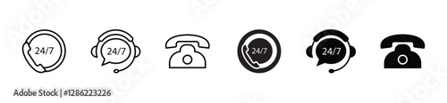 Customer Support Service, 24 7 Hotline Silhouette Icon Set. Help Around The Clock, Call Center Pictogram. Online Operator Symbol Collection. Headset with Speech Bubble. Isolated Vector Illustration