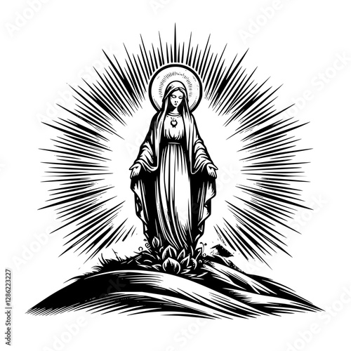 Vector black and white drawing of a virgin mary standing on a hill