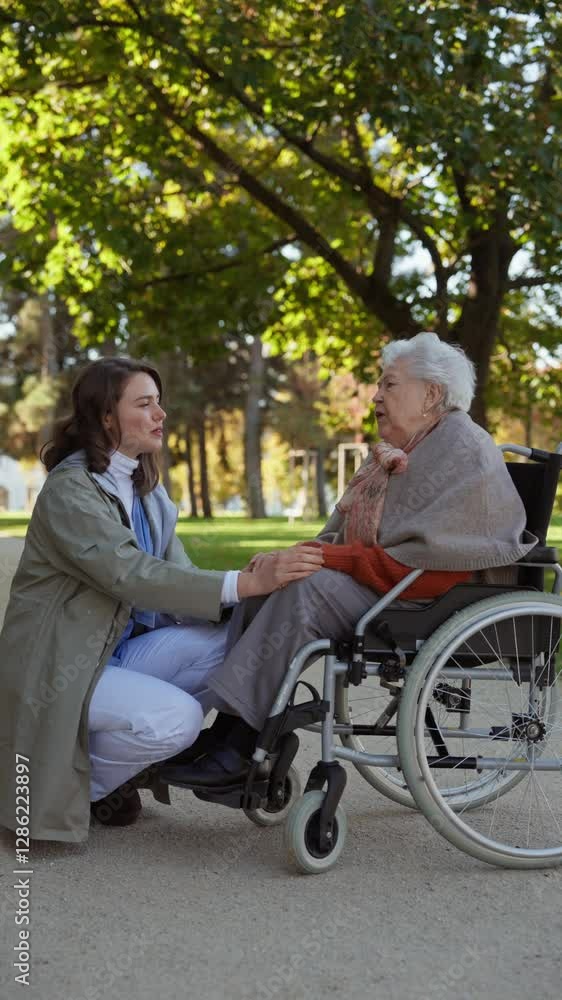 Disabled elderly woman in wheelchair talking with her nurse, sharing her problems with female caregiver. Disabled elderly woman in wheelchair talking with her nurse, sharing her problems with female caregiver.