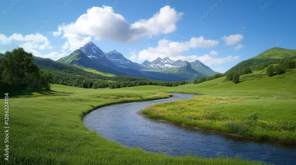 Fototapeta premium serene outdoor scene featuring winding river surrounded by lush green fields and majestic mountains under clear blue sky. landscape evokes sense of tranquility and natural beauty