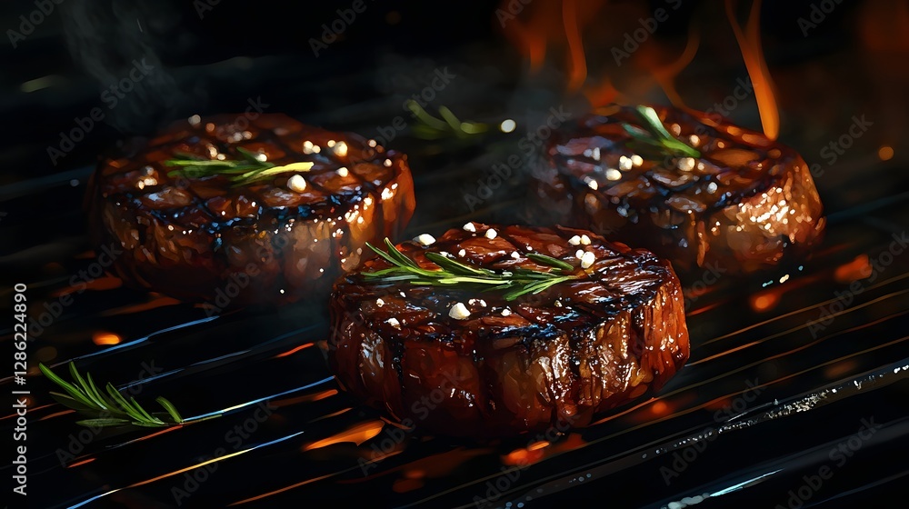 Closeup of Seared Juicy Steak Filets Grilling Over Open Flame on Barbecue Grill with Fresh Rosemary and Thyme Garnish Tender Flavorful Meat Ready to be Served for Dinner or Catered Outdoor Event Closeup of Seared Juicy Steak Filets Grilling Over Open Flame on Barbecue Grill with Fresh Rosemary and Thyme Garnish Tender Flavorful Meat Ready to be Served for Dinner or Catered Outdoor Event