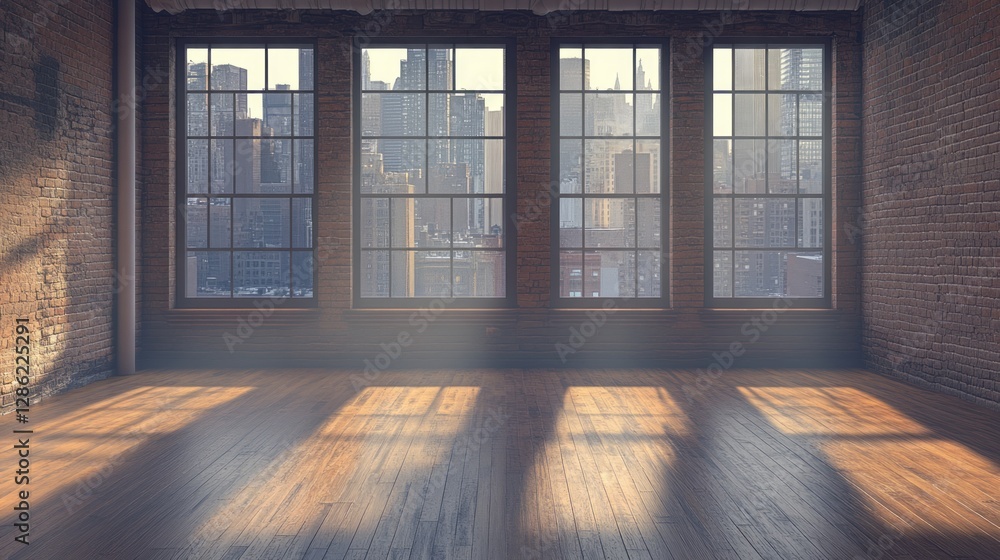 Fototapeta premium Large windows frame cityscape view in exposed brick loft