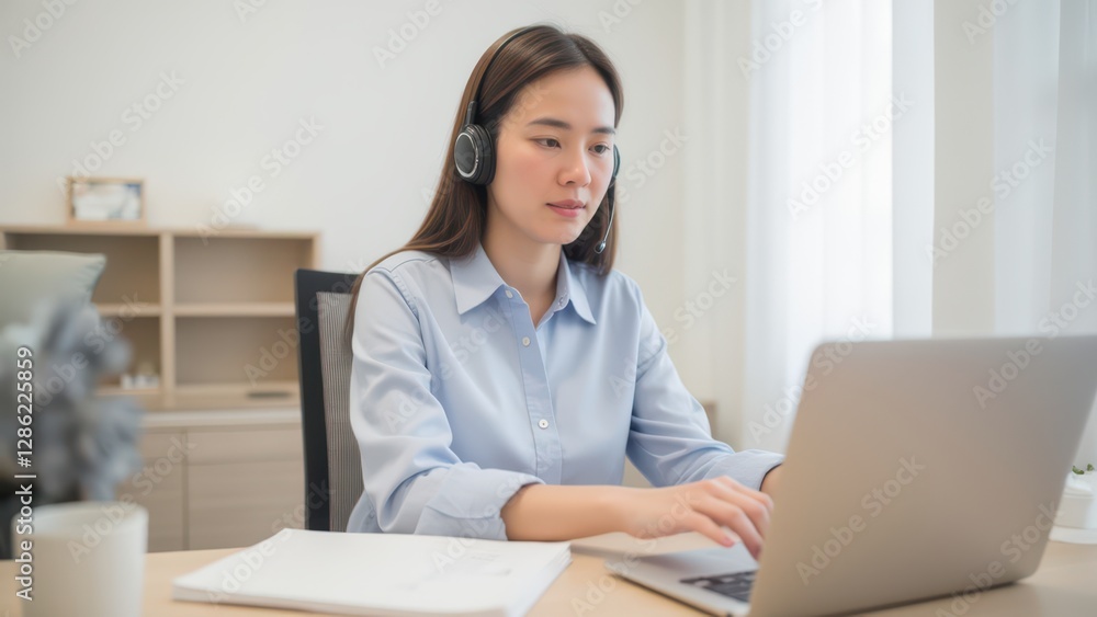 Remote work concept. Young woman working on a laptop with headphones in a modern home office setting. Remote work concept. Young woman working on a laptop with headphones in a modern home office setting.