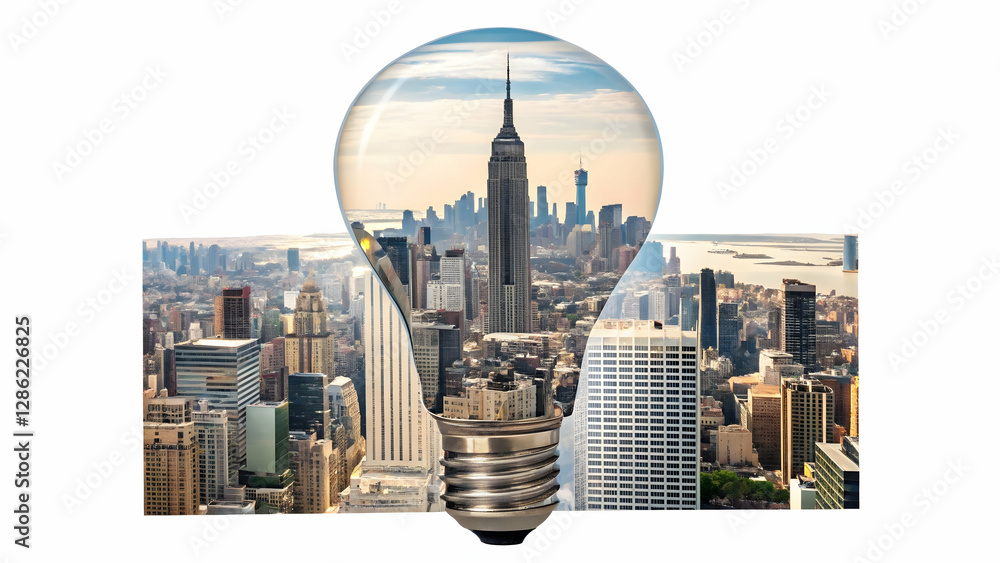 Fototapeta premium 3D Flat Icon: Top View Cityscape with Light Bulb Overlay - Symbolizing Urban Innovation and Bright Ideas with Copy Space on Isolated White Background