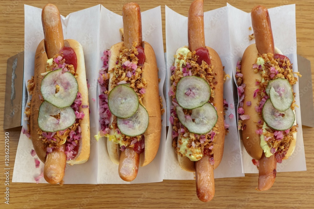 4 dänische hot dogs mit Zwiebeln, Gurken, Ketchup, Senf und Mayonnaise.