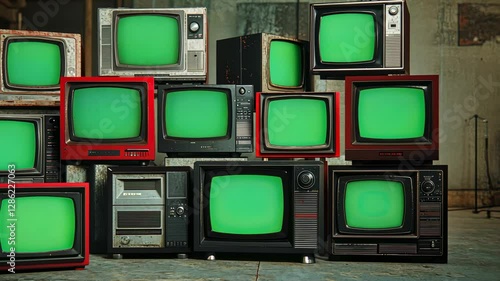 Vintage TVs with Green Screens in an Abandoned Setting Evoking Nostalgia and Retro Aesthetic