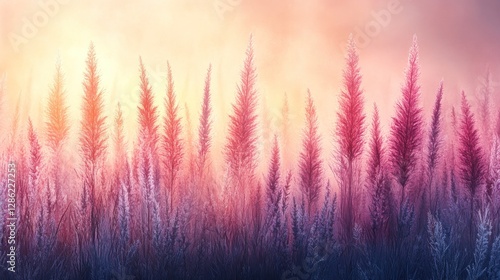 Sunrise through vibrant field of grasses