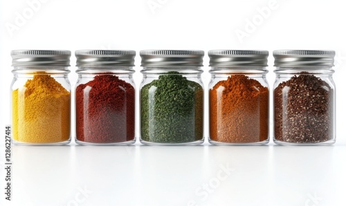 Fototapeta Naklejka Na Ścianę i Meble -  Five spice jars on white background for cooking or food photography