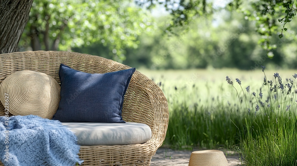 Fototapeta premium Serene Summer Garden Scene Relaxing Wicker Sofa with Blue Pillows and Throw