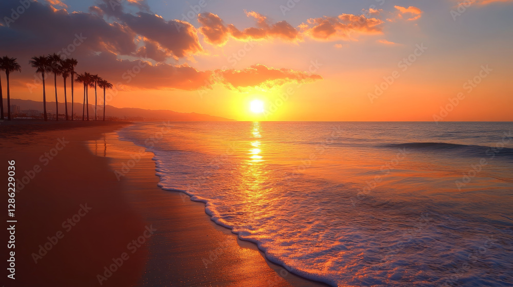 Naklejka premium stunning sunset behind palm trees, casting warm hues over ocean waves, creating serene beach atmosphere. tranquil scene evokes feelings of peace and relaxation