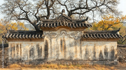 A majestic stone wall with a towering tree growing vigorously over its ancient surface