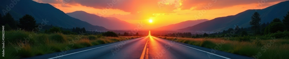 Fototapeta premium Asphalt road cuts through vibrant sunset, green mountains frame city skyline , road, view