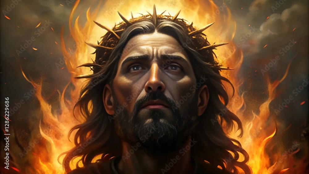 A biblical story is a close-up illustration of Jesus wearing a crown of thorns. The grim expression conveys the suffering and sacrifice of the Christian savior. A biblical story is a close-up illustration of Jesus wearing a crown of thorns. The grim expression conveys the suffering and sacrifice of the Christian savior.