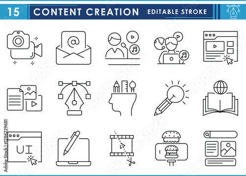 A set of line icons related to Content Creation. Content, video, food vlogging, network, digital, design, learn, teach, images, music, and so on. Vector editable stroke.