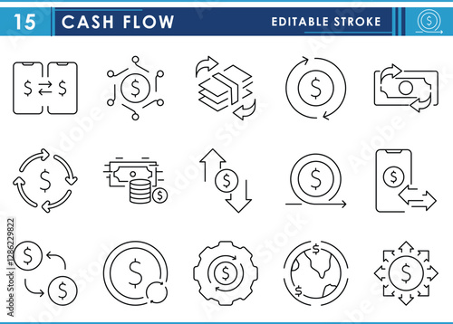 A set of line icons related to Cash Flow. Cash, flow, pay, receive, worldwide, currency, and so on. Vector editable stroke.