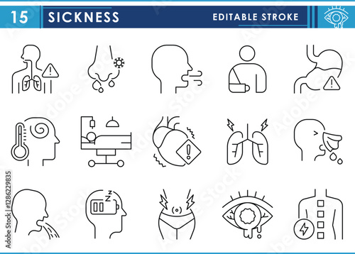 A set of line icons related to sickness. Sick, ill, eye, heart, lungs, sneeze, cough, pain, vomit, fever, and so on. Vector editable stroke.