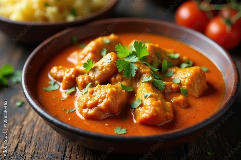 Close-up of vibrant chicken tikka masala within a rustic balti , Vibrant, Aroma, Restaurant Close-up of vibrant chicken tikka masala within a rustic balti , Vibrant, Aroma, Restaurant