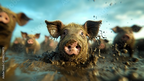 A pigs joyfully playing in the mud on a farm. Generative AI