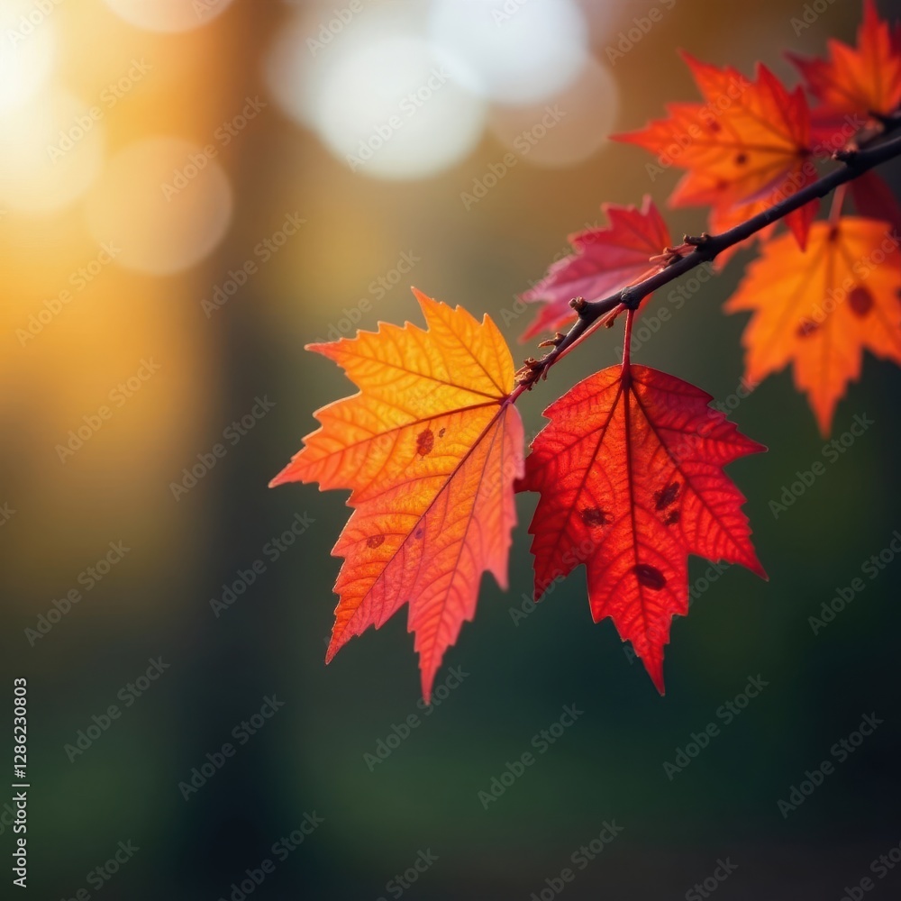 Fototapeta premium Crisp autumn leaves in vibrant reds and oranges cling to a bare branch , wood, vibrant, leaves on branch