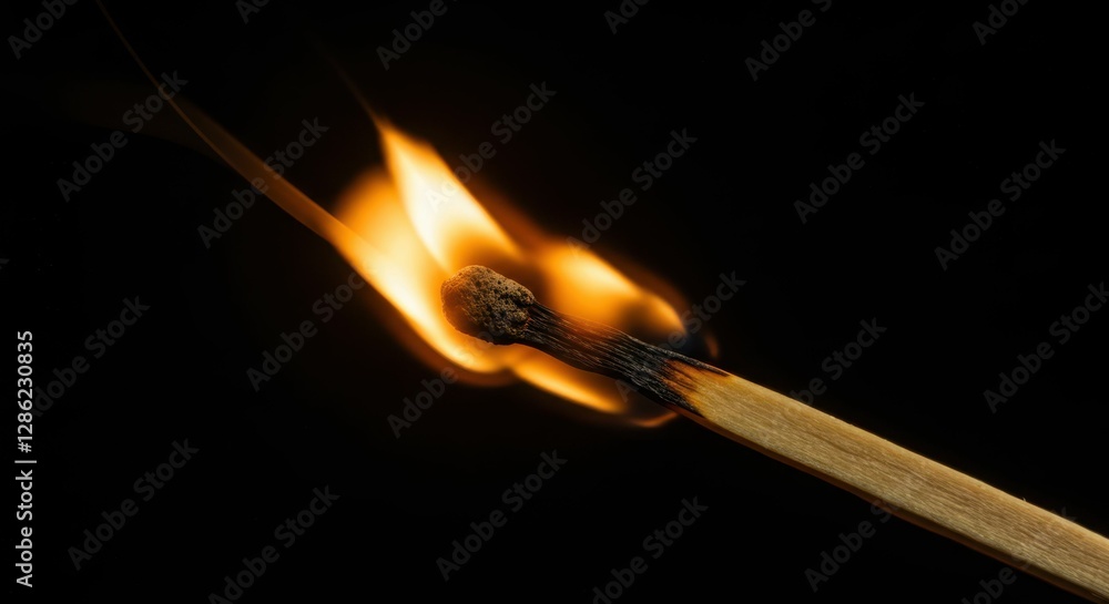 Close-up of burning matchstick on black background capturing flames and sparks Close-up of burning matchstick on black background capturing flames and sparks