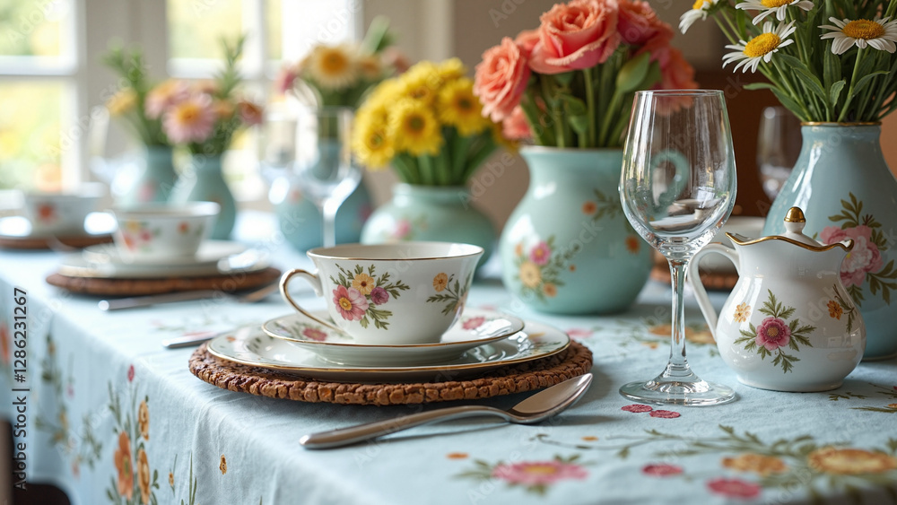 Elegant Spring Table Setting for Mother's Day: Floral Tablecloth, Vintage Vases, and Fine China for Brunch Advertising Elegant Spring Table Setting for Mother's Day: Floral Tablecloth, Vintage Vases, and Fine China for Brunch Advertising