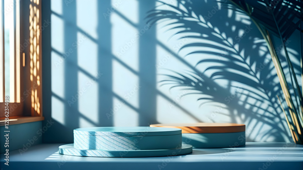 Fototapeta premium Green Podium Display for Product Showcase: Interior Room with Sunlight and Shadows on Green Concrete Wall - Perfect Photo Stock Concept with Empty Space