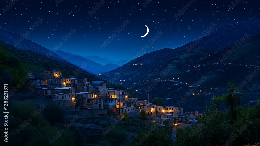Quiet Ramadan Night in the Mountains with Glowing Crescent Quiet Ramadan Night in the Mountains with Glowing Crescent