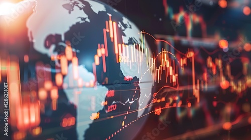 Global Financial Network Illustration with an Interconnected Globe, Glowing Lines Denoting Global Investments, Encompassed by Diverse Currency Symbols and Stock Market Graphs