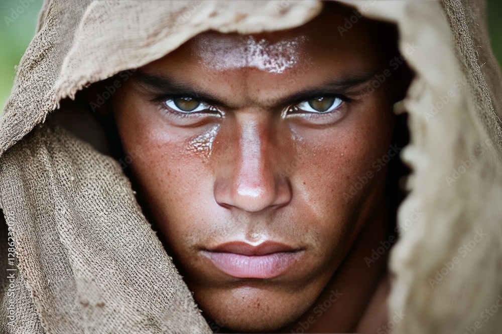 Rugged man with intense blue eyes and weathered face wrapped in earth toned fabric exuding strength resilience and raw masculinity in dramatic portrait photography Rugged man with intense blue eyes and weathered face wrapped in earth toned fabric exuding strength resilience and raw masculinity in dramatic portrait photography