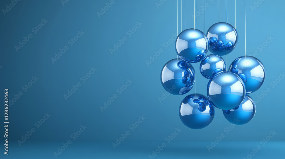 Shiny blue spheres suspended in cluster against soft blue background create modern and artistic display. reflective surfaces enhance visual appeal and depth Shiny blue spheres suspended in cluster against soft blue background create modern and artistic display. reflective surfaces enhance visual appeal and depth