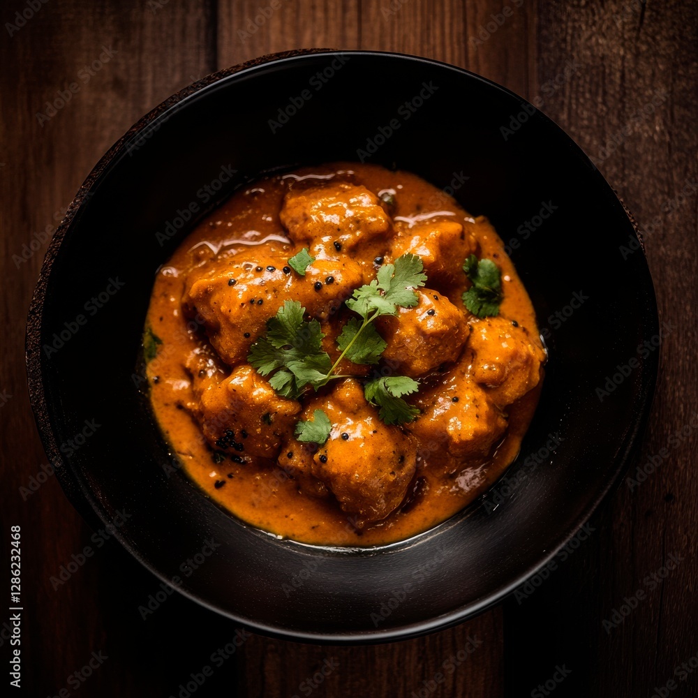 Aromatic Indian curry dish served in a black bowl garnished with fresh cilantro enhances the dining experience. Aromatic Indian curry dish served in a black bowl garnished with fresh cilantro enhances the dining experience.