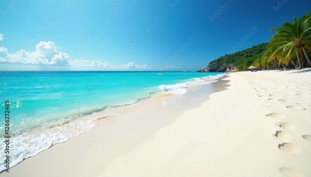 Fine white sand slopes to a crystal-clear, azure ocean; soft waves lap gently ashore , vacation, beautiful Fine white sand slopes to a crystal-clear, azure ocean; soft waves lap gently ashore , vacation, beautiful