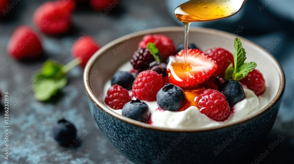 A spoonful of honey being drizzled over a bowl of Greek yogurt and berries A spoonful of honey being drizzled over a bowl of Greek yogurt and berries