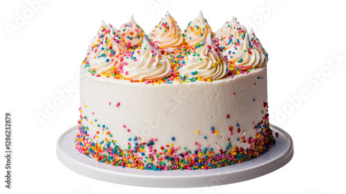 Colorful sprinkles adorn a creamy white birthday cake celebrating a joyful occasion