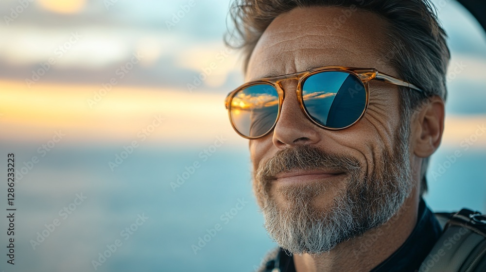Mature Man with Sunglasses Admiring Sunset View from Airplane Mature Man with Sunglasses Admiring Sunset View from Airplane