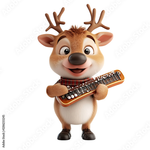 A Jolly 3D Cartoon Reindeer Playing a Harmonica Isolated on Transparent Background