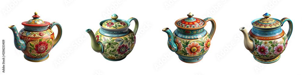 Beautiful craft set ceramic teapots in colors and textures of traditional design, isolated on a transparent background. Beautiful craft set ceramic teapots in colors and textures of traditional design, isolated on a transparent background.