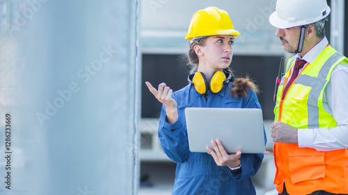 Two maintenance engineers men and women inspect relay protection system with laptop comp. They work a heavy industry manufacturing factory.	