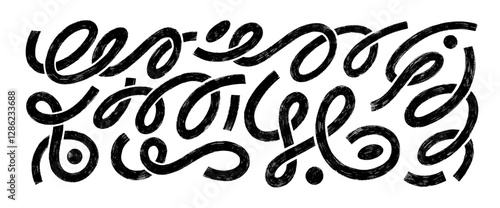 Marker drawn thick squiggle lines and spirals. Creative naive curly brush strokes for collages and graphic design. Abstract vector crayon drawn doodles, bold calligraphy lines. Childish scribbles.