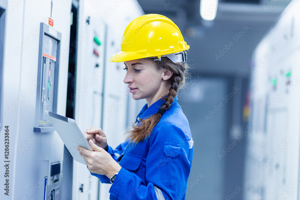 A woman engineer, alongside a worker, performs industrial maintenance in a factory setting, ensuring electrical safety A woman engineer, alongside a worker, performs industrial maintenance in a factory setting, ensuring electrical safety