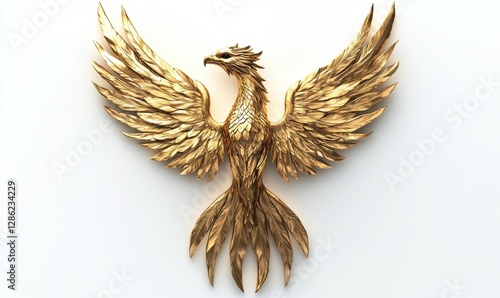 Golden phoenix statue with spread wings on a white background