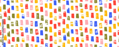 Colorful short brush strokes seamless pattern. Funky naive seamless banner design with regular vertical dashes.