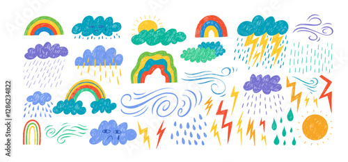Childish crayon drawn clouds, lightnings, sun, rainbow and wind motion collection.