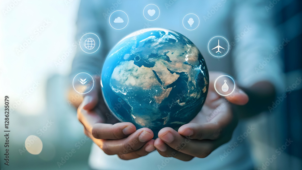 Glossy Earth in Hands: Holographic Climate Action Symbols Concept Glossy Earth in Hands: Holographic Climate Action Symbols Concept